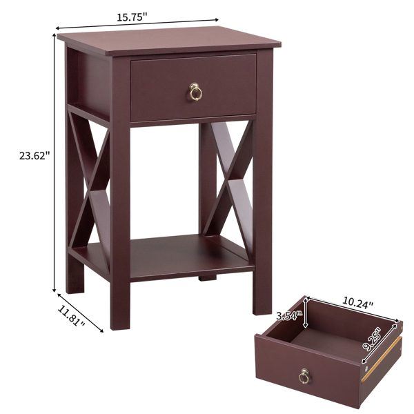 Side Intersection Style Bedside Table Coffee Table with Two-layer Drawer Brown