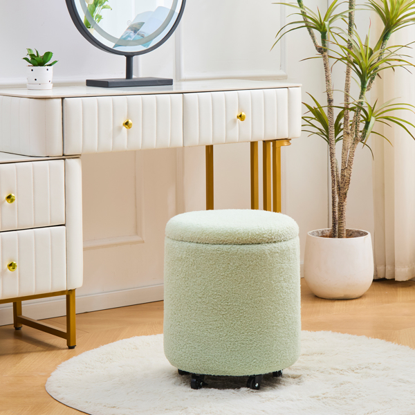 Storage Ottoman Foot Rest Round Footstool Teddy Velvet Footrest Multifunctional Rolling Stool Coffee Table Ottoman with Wheels Vanity Stool for Makeup Room Living Room Bedroom Green