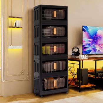 Black,19.69\\" Side Wide Folding Storage Cabinet ,5 Tiers,19.69\\"×11.81\\"×50.00\\",Collapsible Storage Bins with Magnetic Door, Plastic Storage Cabinet with Wheels