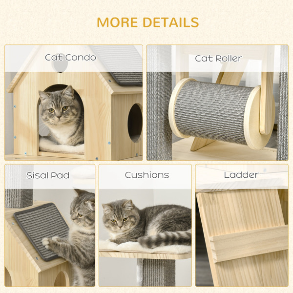 Cat Tree for Indoor Cats with Pillow-Covered Perches, Spinning Toy, Modern Climbing Activity Cat Tower with Scratching Posts, Cat Condo, Ladder, Natural