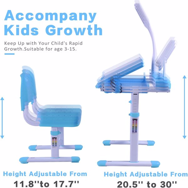 Desk for Kids Desk and Chair Set Kids Art Desk Drafting Table Desk Set with Adjustable Height, 40-Degree Tiltable Children Desktop, LED Light,Bookstand,Blue