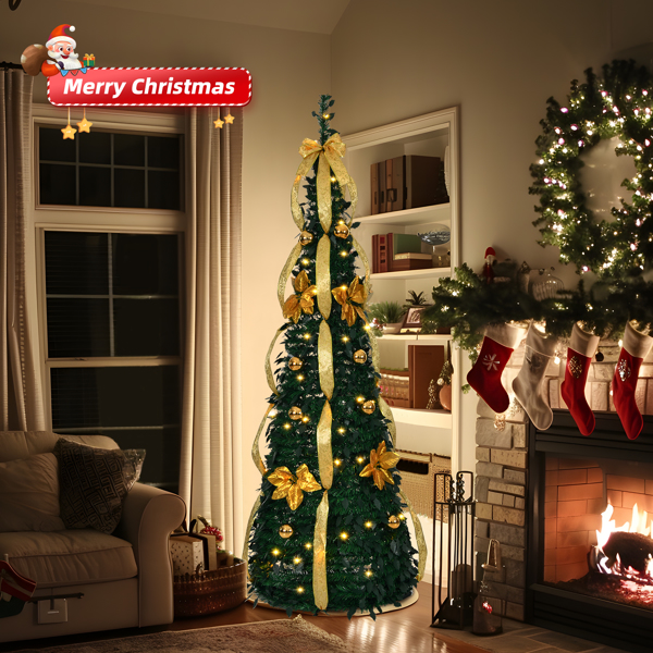 7 FT Fully Decorated Pre-lit Christmas Tree, Pop Up Artificial Xmas Tree with 100 Warm Lights Battery Operated and Golden & Silver Ornaments for Home Office Store Holiday Deco