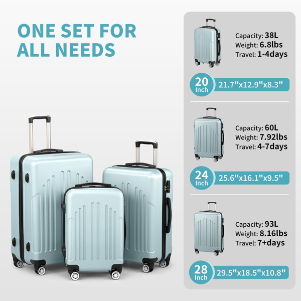 Luggage Set of 3, ABS+PC Hardside Suitcase Sets with TSA Lock 4 Spinner Wheels, Lightweight Trolley Travel Case for Carry On Check-in Business Trip, 20" 24" 28"