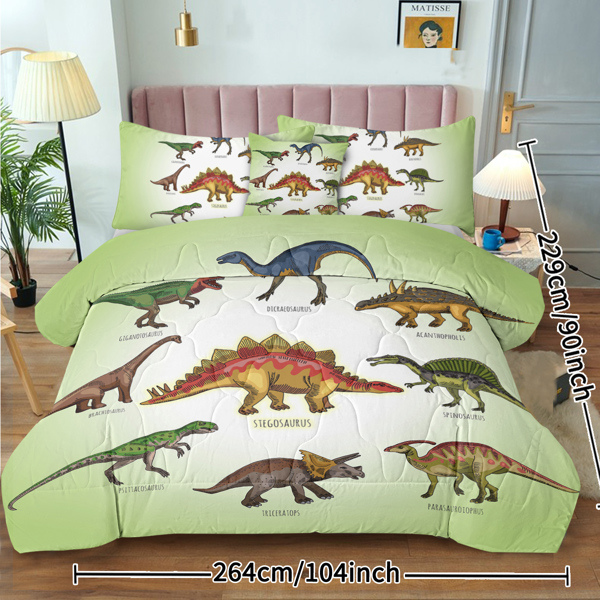 Super Soft Fade Resistant Microfiber Dinosaur Bedding Set for Girls Boys, All Season Green Dinosaur Family Print Pattern Comforter Set with 2 Pillow Cases King Size