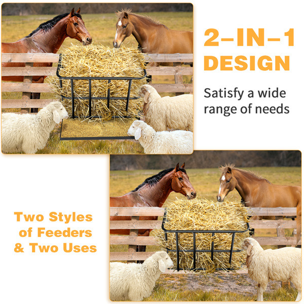 Large Capacity Hay Feeder with Detachable Grain Tray, Heavy Duty Steel 2 in 1 Hay Rack, Multiple Sided Goat Feeding Rack for Sheep Farm Livestock Indoor Outdoor, Black