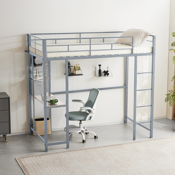 Twin Size Metal Loft Bed with Desk and Storage Shelves, 2 Built-in Ladders & Guardrails, Loft Bed Frame for Teens Juniors Adults, Noise Free, No Box Spring Needed, Grey