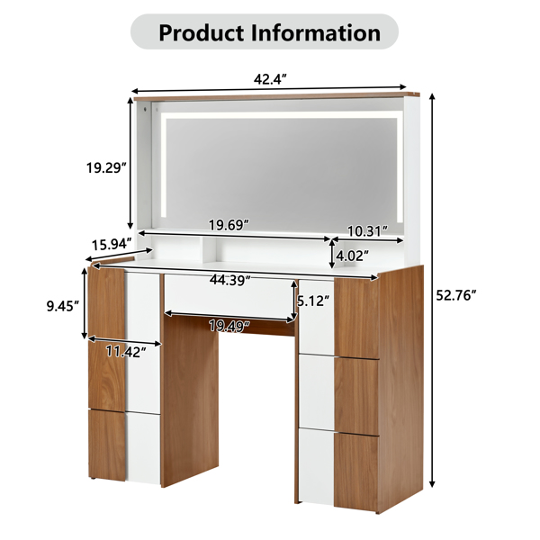 44.4" Elegant Vanity Table with Large Lighted Mirror & Power Outlet, Dressing Table with 7 Drawers & Shelves, Vanity Desk with Brown Solid Wood-style Stickers