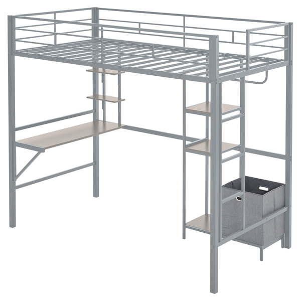 Twin Size Metal Loft Bed with Desk and Storage Shelves, Full-length Guardrails, Loft Bed Frame for Teens Juniors Adults, Noise Free, No Box Spring Needed, Grey