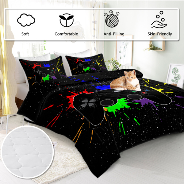 Black Video Game Comforter for Girls Boys Red Blue Green Purple Yellow Ink Game Controller Bedding Boy Bedroom Living Bed Decor (1 Comforter 2 Pillow Shams) Twin Size