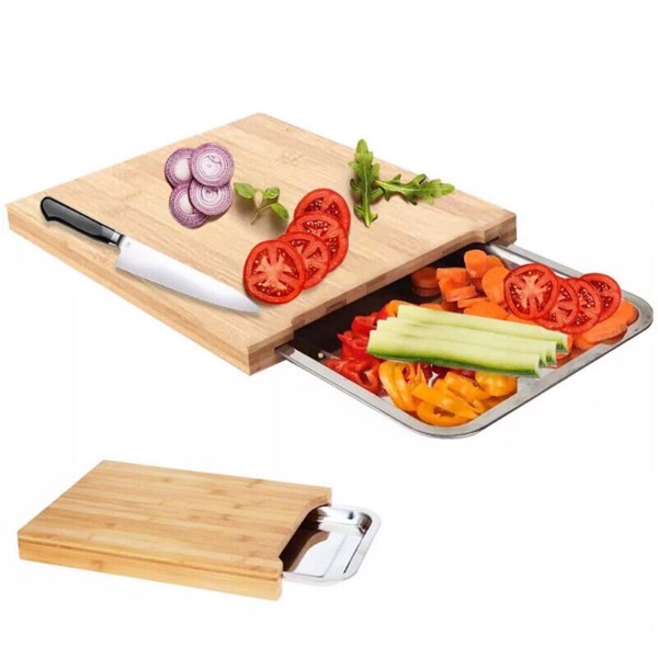 Bamboo Wooden Chopping Board Cutting Slicing + Sliding Stainless Steel Tray