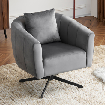 360° Swivel Accent Chair, Modern Velvet Fabric Living Room Armchair, Comfy Wide Upholstered with Fluffy Cushion and Metal Legs, Barrel Chairs for Living Room, Lounge, Office Gray