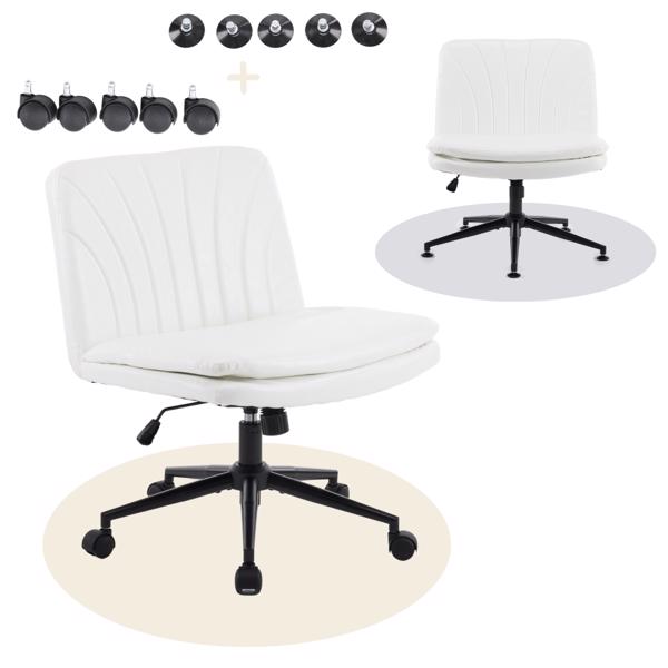 Criss Cross Chair with Wheels & pegs,Dual-Base Wide Armless Comfy Desk Chair Cross Legged,Adjustable Swivel Modern Vanity Chair,Computer Rolling Chair for Home Office,Makeup,Waxed PU,White