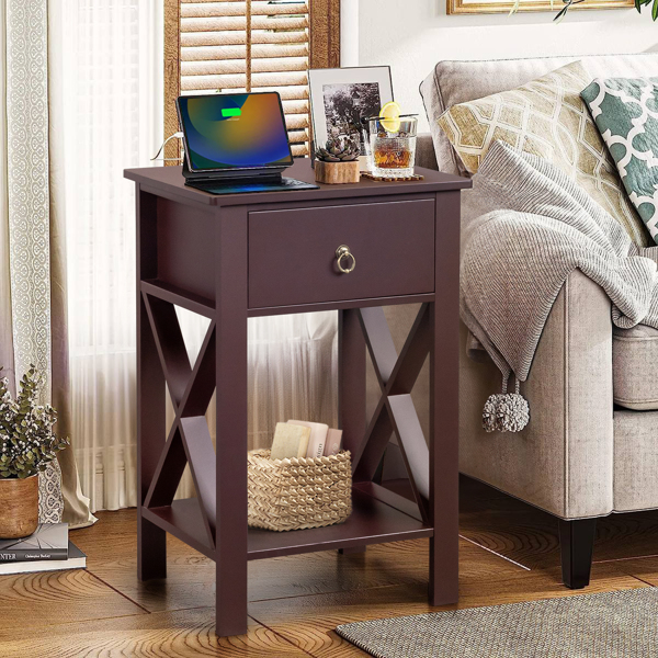 Side Intersection Style Bedside Table Coffee Table with Two-layer Drawer Brown