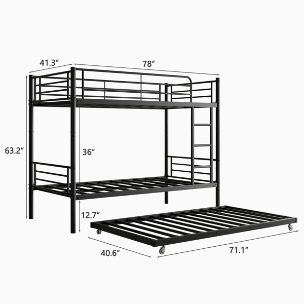 Twin Bunk Bed with Trundle Metal Bunkbeds with Ladder and Full-Length Guardrail, Noise Free, No Box Spring Needed, Black