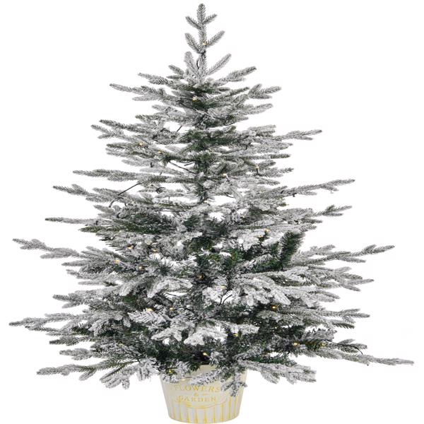 4 FT Snow Flocked Pre-lit Artificial Christmas Tree with Metal Pot Stand, Hinged Xmas Fir Tree with 120 Lights, 249 Branch Tips and Remote Control for Holiday Party Office Home, Snowy Green S001