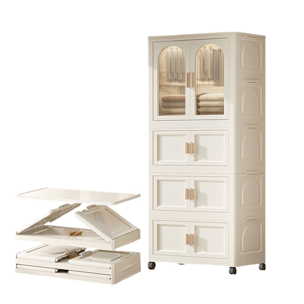 25.59" Side Wide Folding Wardrobe , 25.59"×15.75"×70.87 ", with Magnetic Door, Plastic Storage Cabinet with Wheels(One layer of wardrobe + Three  layers of folding boxes+10 hangers )