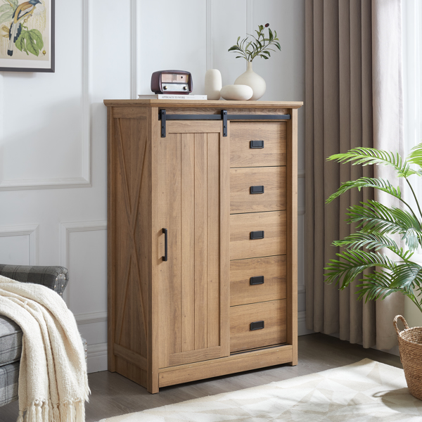 5 Drawers Dresser w/Sliding Barn Door, Farmhouse Modern Tall Dresser 5 Chest of Drawers, Storage Organizer Dresser for Bedroom, Hallway, Living Room, Kids Room OAK