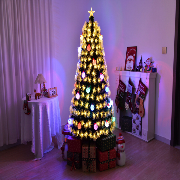  6 FT Pre-lit Fiber Optic Christmas Tree, Artificial Xmas Tree with Lighted Top Star and Snowflakes, Multicolor LEDs, Holiday Xmas Decoration Tree for Home Office Store Party, Green