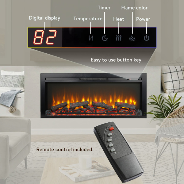 44 inch wall recessed electric fireplace with remote and Imitation Flame , LED light heater