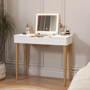 Vanity Mirror With Lights and Solid Wood Legs and Flip-Up High Definition Mirror