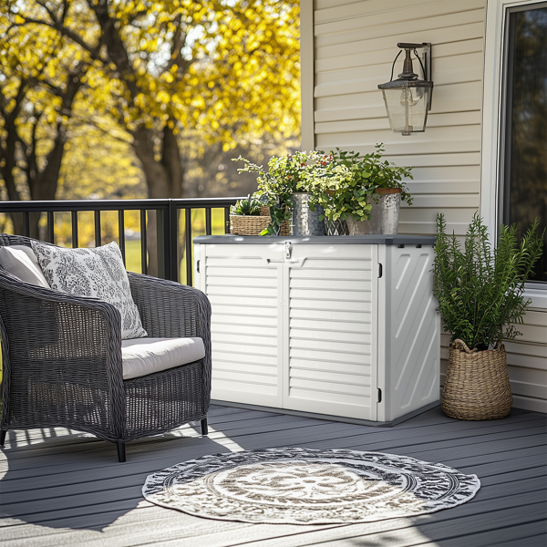  Outdoor Storage Shed, 34 Cu Ft Horizontal Outdoor Storage Cabinet, Lockable Outdoor Storage Box for Garbage Cans, Lawn Mower and Tools, Grey & White