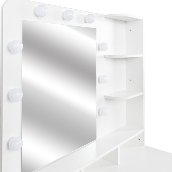 White modern simple vanity with stool, solid metal frame construction, 9 LED lights illuminate makeup mirror, adjustable brightness