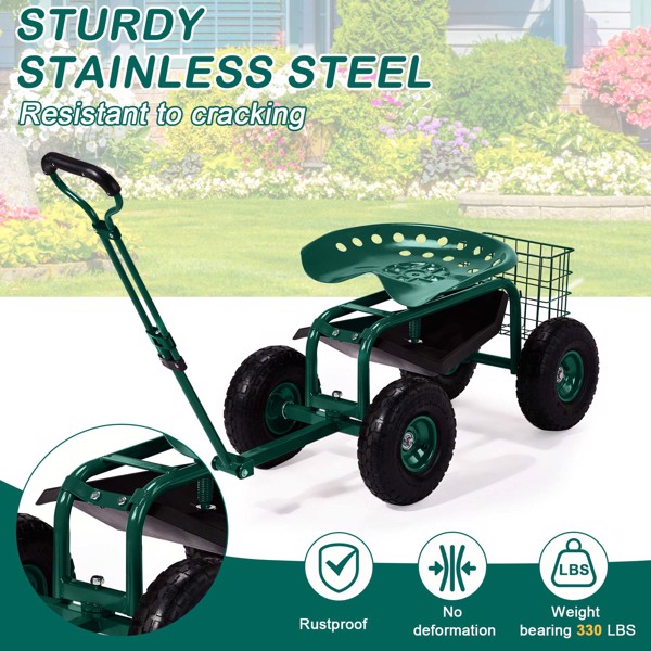 Rolling Garden Work Seat with Wheels, Garden Scooter with 360 Degree Swivel Seat & Extendable Handle & Tool Tray, Gardening Stool for Planting, Green