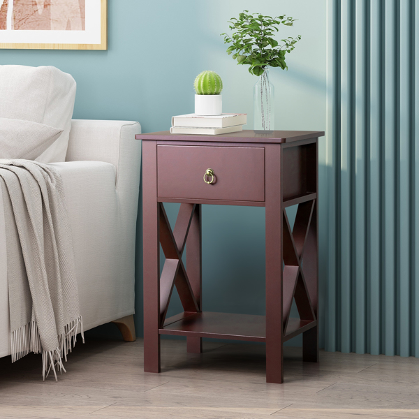 Side Intersection Style Bedside Table Coffee Table with Two-layer Drawer Brown