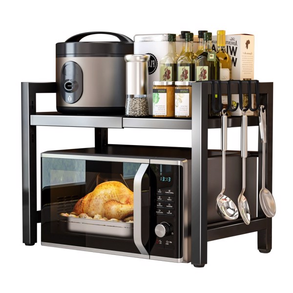 Black single-layer double bar with 6 hooks and extendable kitchen storage rack