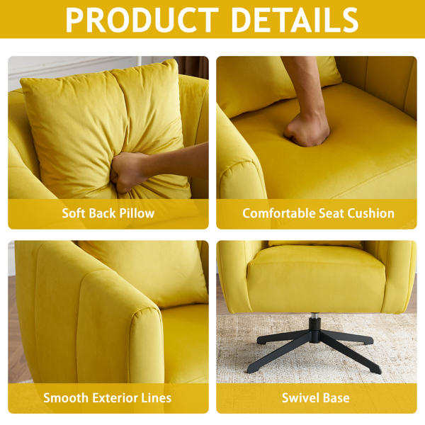 360° Swivel Accent Chair, Modern Velvet Fabric Living Room Armchair, Comfy Wide Upholstered with Fluffy Cushion and Metal Legs, Barrel Chairs for Living Room, Lounge, Office Yellow