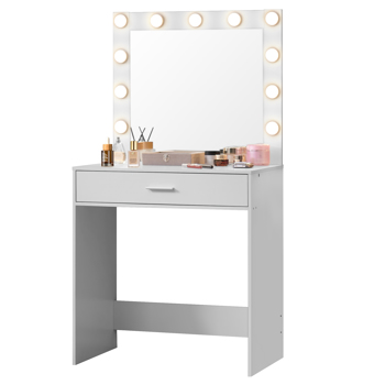 Vanity Desk with Mirror and Lights, Dressing Table with Large Drawer, 1 Level Storage Dresser & 3 Lighting Modes Adjustable Brightness, Suitable for Bedroom(White)