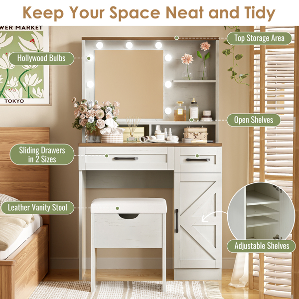 农舍化妆梳妆台，带镜子和灯，3 种照明模式，梳妆台套装带凳子，梳妆台带可调节搁板，2 个抽屉和卧室侧柜，白色-2