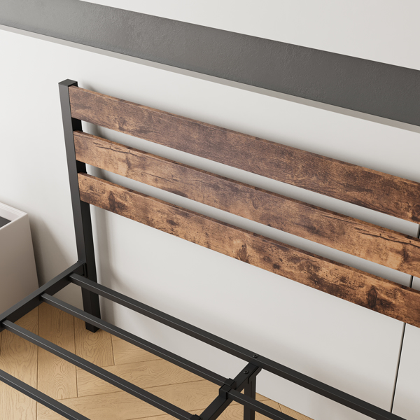 Queen Size Platform Bed Frame with Rustic Vintage Wood Headboard, Strong Metal Slats Support Mattress Foundation, No Box Spring Needed Rustic Brown