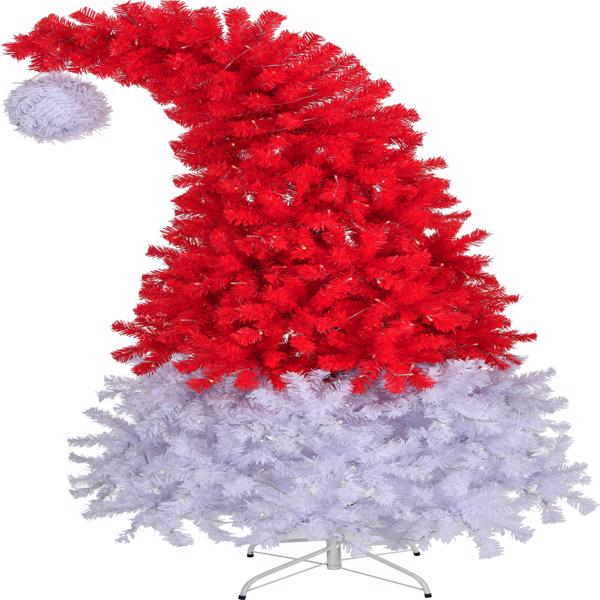 6 FT Santa Hat Style Pre-lit Christmas Tree, Hinged Artificial Xmas Tree Pine Tree with 300 Lights, 1050 Branch Tips and Remote Control for Holiday Party Store Office Home, Red & White  S001