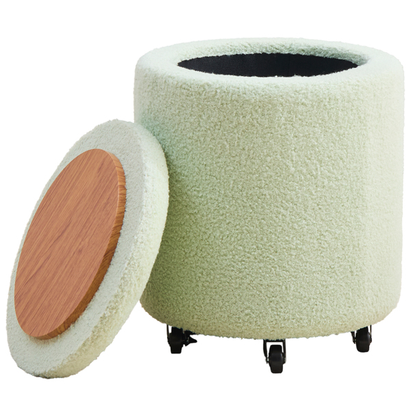 Storage Ottoman Foot Rest Round Footstool Teddy Velvet Footrest Multifunctional Rolling Stool Coffee Table Ottoman with Wheels Vanity Stool for Makeup Room Living Room Bedroom Green