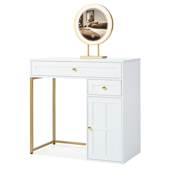 31.5'' Makeup Vanity Desk with Lighted Mirror, Luxury Dressing Table with 2 Drawers and 1 Cabinet, 3 Lighting Modes Available for Bedroom, White-ld（stool not included）