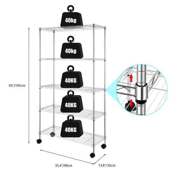 5-Layer Chrome Plated Iron Shelf with 1.5" Nylon Wheels 165*90*35 Chrome