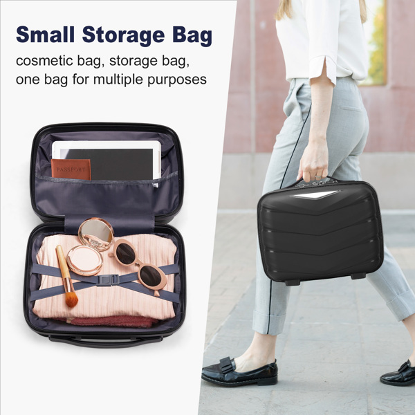  V-striped 2-piece suitcase with PP handbag PP trolley case 14in 20in PP iron trolley classic color - black (grained pattern)