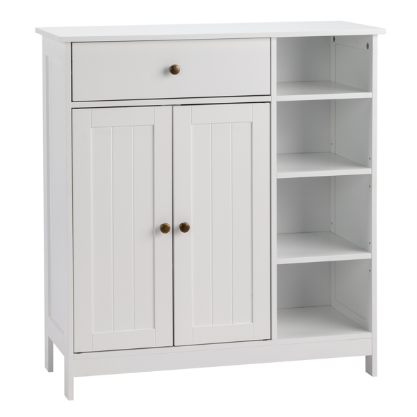 Double-Door Bathroom Cabinet with 2, Adjustable Panels, 1 Drawer and 3 Side Shelves, White 