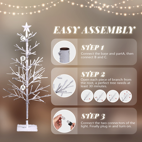 4ft With Stars On Top, Snowy Fir Shape, Plastic Material, 80 Lights, Warm Colors, Four Colors, 8 Modes With Remote Control, 80 Branches, Indoor Tree Lights, White