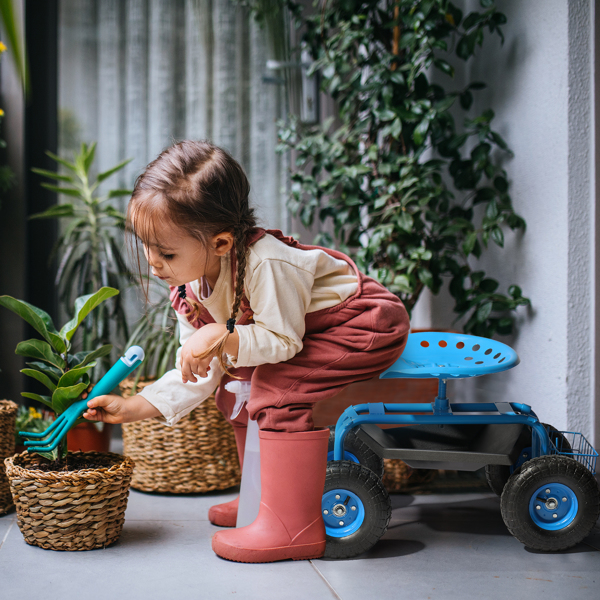 Rolling Garden Work Seat with Wheels, Gardening Stool for Planting, Garden Scooter with 360 Degree Swivel Seat & Steering Handle & Tool Tray, Blue