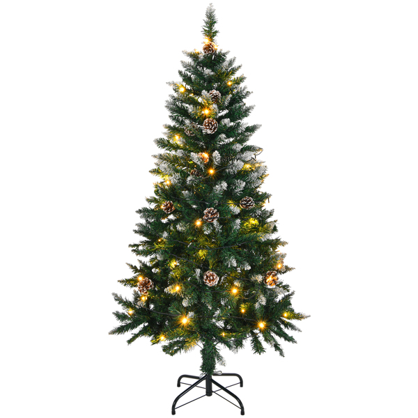 5 FT Artificial Snow Tipped Christmas Tree with DIY 100 Warm Lights Battery Operated, 21 Pine Cones, 800 Branch Tips and Sturdy Metal Stand, Green & Snow Tipped