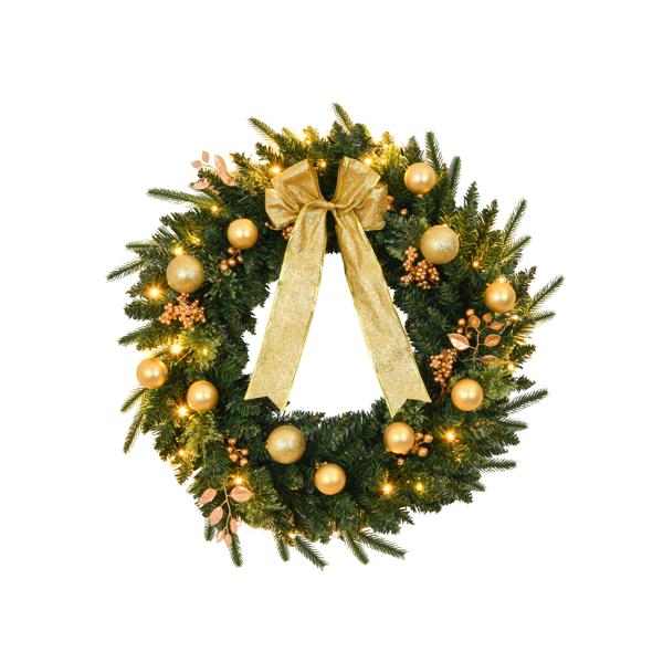 24in Pre-lit Battery Powered Christmas Wreath with Remote, Lighted Artificial Xmas Wreath with 50 Warm Lights and 120 PVC Tips and Ornaments, for Front Door Gate Wall Xmas Party Decorations S001