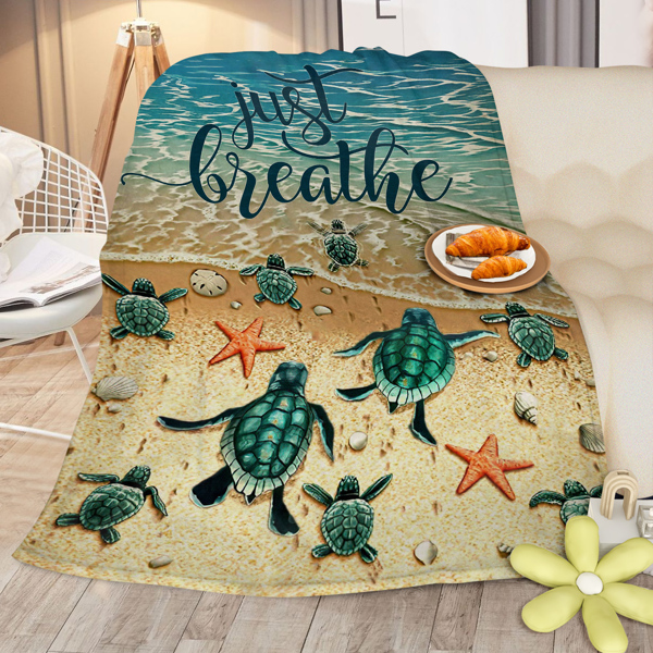 Tropical Baby Sea Turtle Flannel Fleece Blanket 3D Ocean Waves Flannel Soft Plush Throw Blanket Cozy Blankets for Bed Chair Car Sofa Couch Bedroom 130*150cm 