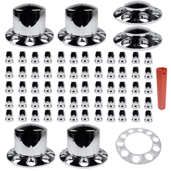 Chrome Hub Caps Kit Front & Rear w/33mm Lug Nut for Semi Truck Wheel Axle Covers