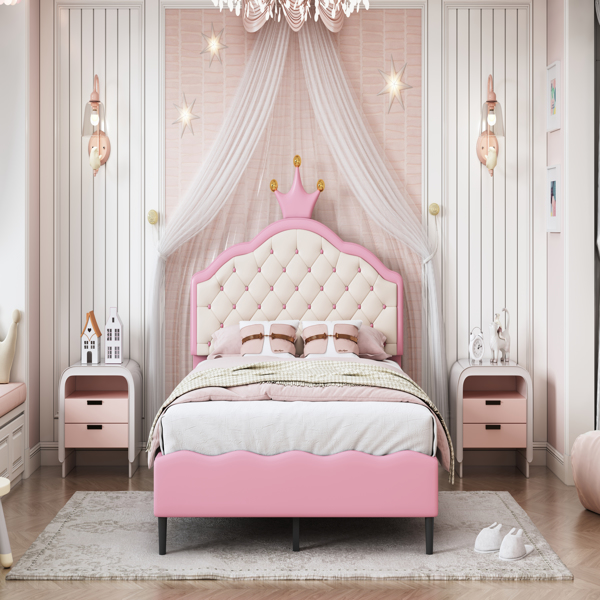 Full Size Lovely Crown Fantasy PU Leather Princess Bed with Tufted Headboard, Pink+Cream