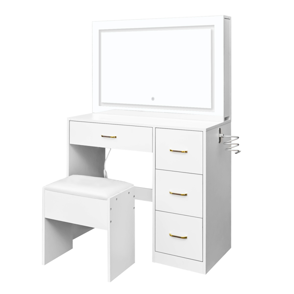 White hemp surface particle board with triamine 4 drawers 2 side push-pull storage rack 1 LED touch mirror dressing table set with power strip and hair dryer holder