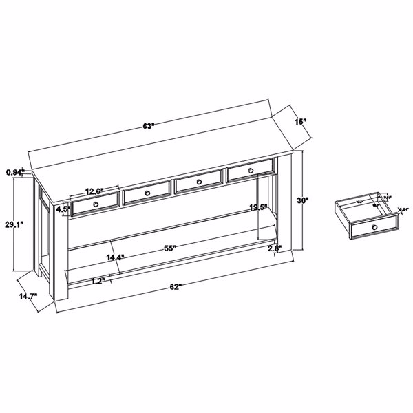 63" Pine Wood Console Table with 4 Drawers and 1 Bottom Shelf for Entryway Hallway Easy Assembly 63 inch Long Sofa Table (Antique White)