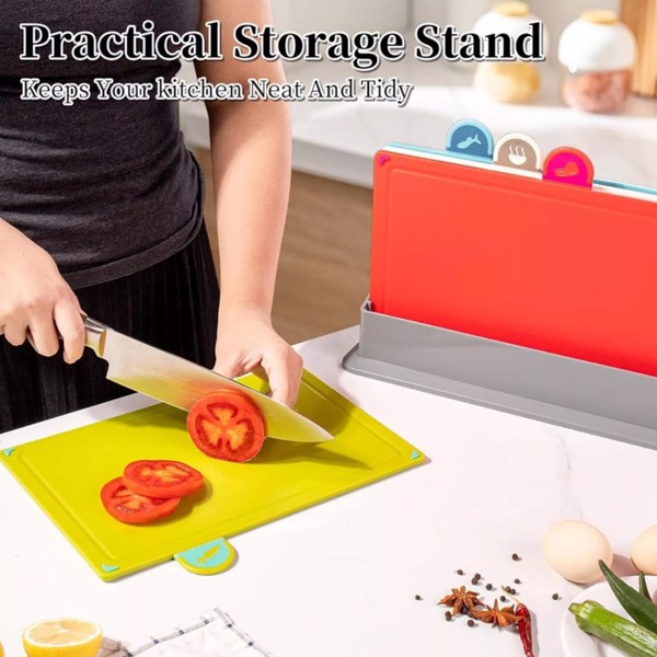 ​​​COLOURED 4X CHOPPING BOARD SET NON-SLIP INDEX CUTTING BOARD WITH STAND ZENO