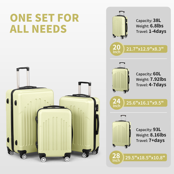 Luggage Set of 3, ABS+PC Hardside Suitcase Sets with TSA Lock 4 Spinner Wheels, Lightweight Trolley Travel Case for Carry On Check-in Business Trip, 20" 24" 28"